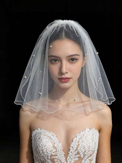 1件新娘头纱，浪漫婚纱配饰，女士单身派对礼仪头饰