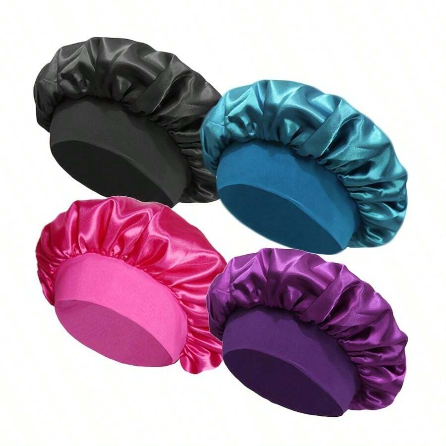 4 pièces Bandeau bonnet en satin pour femmes - Bonnet de nuit doux et lisse, convient pour les cheveux bouclés et lisses, adapté à un usage quotidien et aux sports, bonnet de nuit - Noir + Bleu paon + Rouge rose + Violet - Voir 1