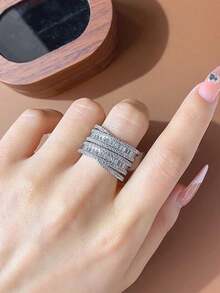 优雅圆形交叉合成立方氧化锆几何戒指，女士派对、订婚珠宝 - 白色 - 查看 5