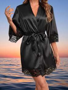 1pc Women's Solid Color Short Sleeve Bathrobe, Suitable For Spring/Summer Home Wear, Hotel Wear, Party Wear, Swimming Wear, Home Use, Short Dress Robe, Morning Robe, Reception Accessory, Spring/Summer Best Friend Party Embroidered Bathrobe, Holiday Party Supplies, Casual Minimalist Loungewear, Premium Luxury Sexy Women's Bathrobe, Breathable For All Seasons - Black - View 1
