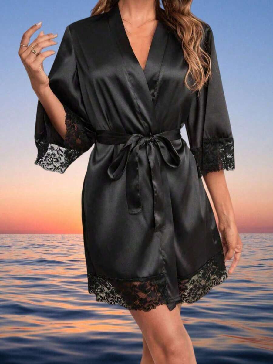 1pc Women's Solid Color Short Sleeve Bathrobe, Suitable For Spring/Summer Home Wear, Hotel Wear, Party Wear, Swimming Wear, Home Use, Short Dress Robe, Morning Robe, Reception Accessory, Spring/Summer Best Friend Party Embroidered Bathrobe, Holiday Party Supplies, Casual Minimalist Loungewear, Premium Luxury Sexy Women's Bathrobe, Breathable For All Seasons - Black - View 1