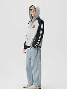 Men Casual Hooded Sweatshirt Jacket Vintage American Streetwear Pullover Coat Unisex Spring Autumn Fashion Outerwear - 淺灰色 - 查看 2