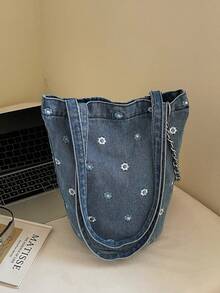 新款雏菊刺绣牛仔布水桶包，大容量链条单肩斜挎包，休闲通勤手提包 - 淺藍色 - 查看 12