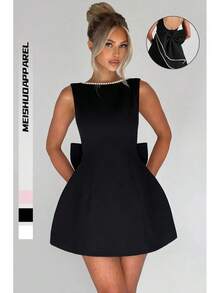 New Summer Women's Pearl Bow Back Fashionable Slim Fit Short Dress Hot Girl A-Line Dress - màu đen - Xem 8