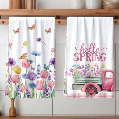 1pc Tulip Pattern Decorative Towel, Highly Absorbent And Soft Kitchen Towel, Suitable For Holiday Decoration, Cooking, Baking, Housewarming Gifts And Cleaning, Applicable For Kitchen, Bathroom, Washroom, Mother's Day Gift