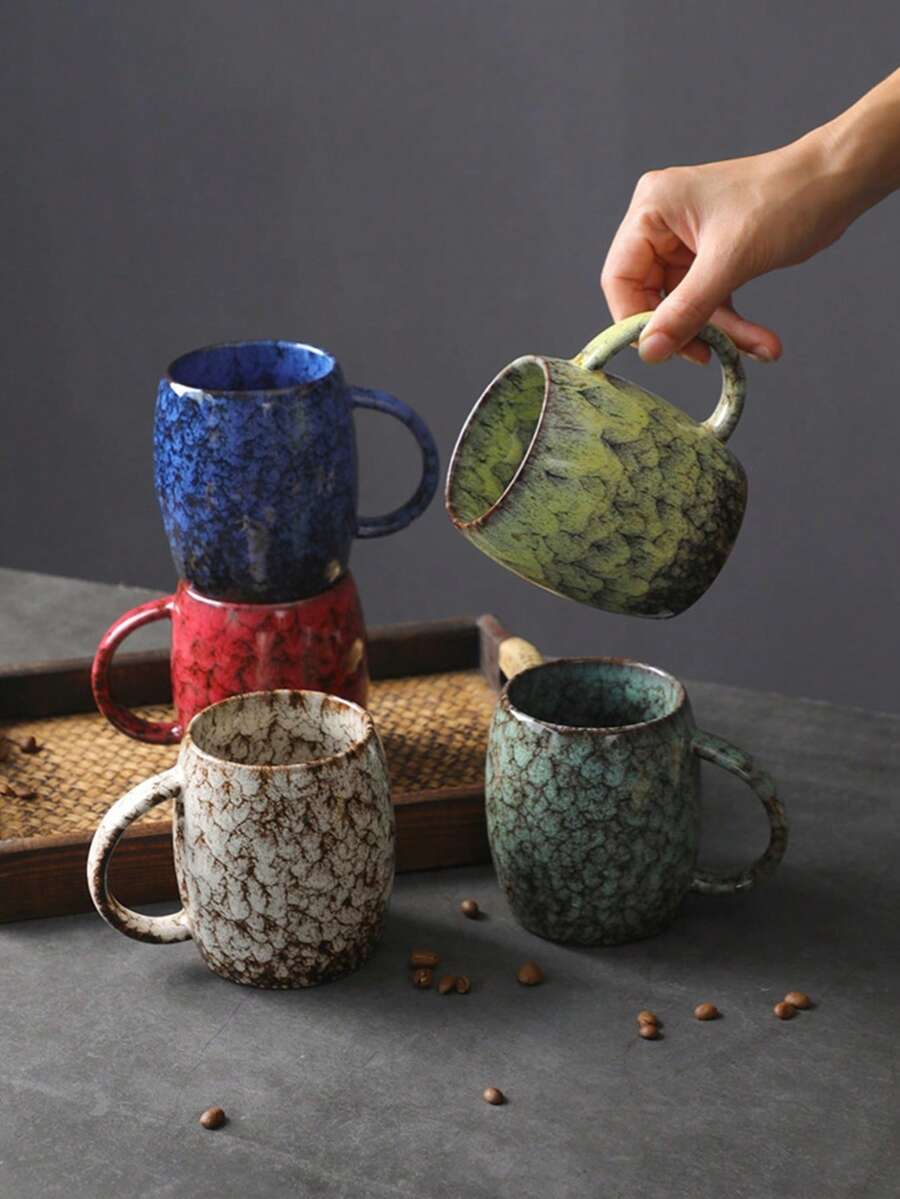 1个复古陶瓷马克杯，大容量家用水杯，反应釉咖啡杯，办公茶杯，早餐牛奶杯，啤酒杯，拉花杯，情侣杯，简约陶瓷咖啡杯，意式浓缩咖啡杯，陶瓷杯，反应釉陶瓷杯，450毫升 - 彩色 - 查看 1