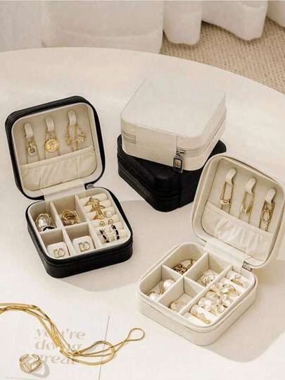 1pc Portable Travel Jewelry Storage Box, PU Leather Jewelry Organizer, Small Zipper Jewelry Case, Multi-Layer Earring Ring Storage Box, Cosmetic Organizer, Jewelry Display Stand, Perfume Storage Box, Waterproof & Anti-Oxidation Material To Protect Rings, Earrings, Necklaces, Holiday Gift, Gift For Her, Suitable For Teachers,Room Decor