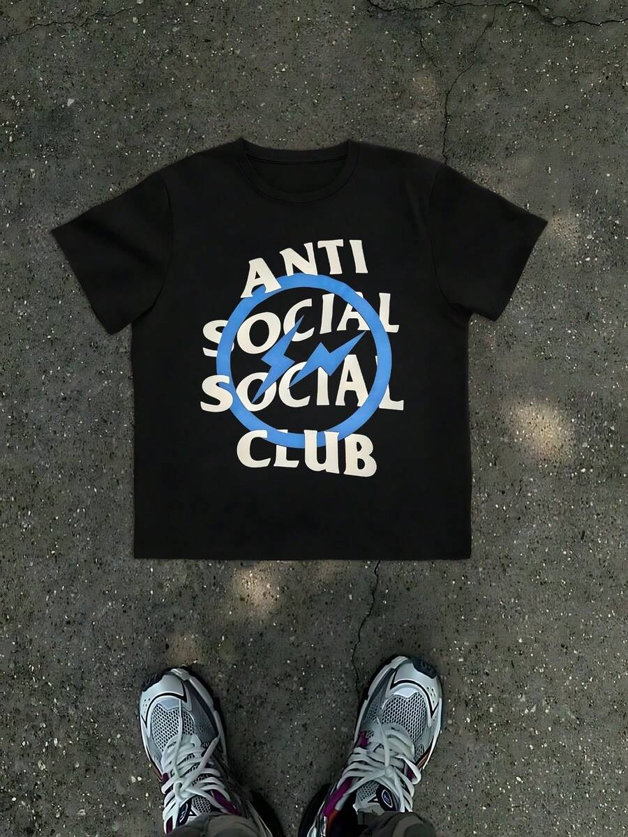 1Pcs Lightning Print Men's T Shirt Anti Social Club Theme 100% Cotton TShirt Men's Summer Casual Tee Gift For Men - 黑色 - 查看 1