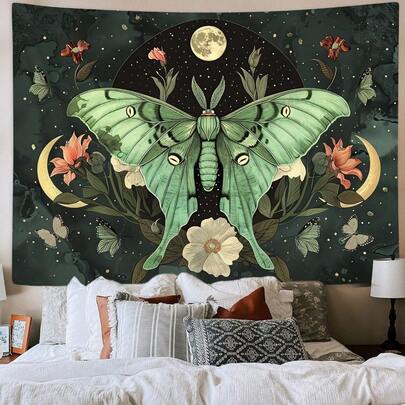 1PC Green Butterfly Moon Moth Floral Tapestry, Bohemian Style Floral Plant Moth Wall Tapestry, Bedroom Aesthetics Wall Hanging, Mandala Plant Tapestry, Perfect For Decorating Bedrooms, Living Rooms, Meditation Spaces, Offices, Or Party Decorations, Classroom Art Tapestry.