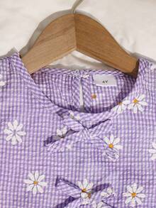 2pcs/Set Girls' Daisy Print & Plaid Top And Pants Set, Summer - Lilac Purple - View 6
