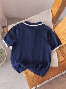 Boys' Solid Color Polo Shirt, Lightweight Rayon Knit Short Sleeve Sweater With Half Zip, Suitable For School & Everyday Wear, Spring/Summer/Autumn - Navy Blue - View 2