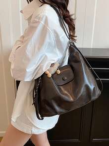 Large Capacity Retro Women's Shoulder Bag, Suitable For Shopping And Parties, Versatile Shoulder/Hand/Backpack Bag, Multiple Colors Available, Comes With Cute Plush Charm - Coffee - View 3