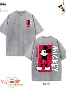 Disney Red And Black Pattern Gray T-Shirt Summer Clothing  Vintage Washed 230g Pattern T-Shirt - 灰色 - 查看 1
