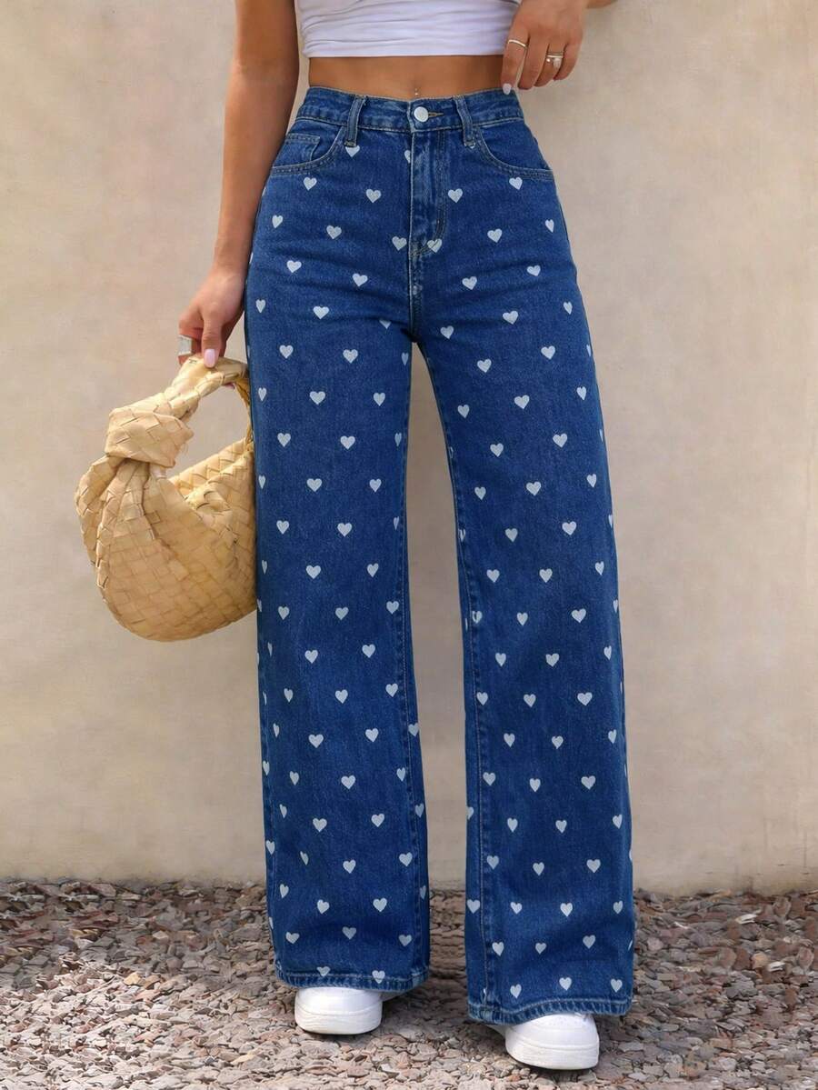 Women's Loose Fit Stretchy Heart Print Wide Leg Jeans, Comfortable Spring/Summer Outfit
