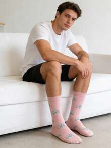 1双男士粉色底灰色大象图案中筒袜，适合日常穿着，四季皆宜。 - 彩色 - 查看 3