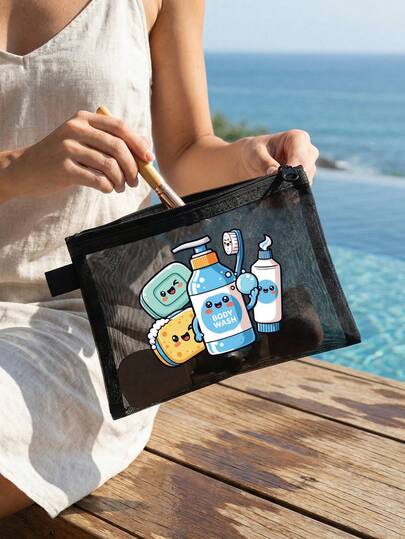 Cartoon Tooth Pattern Storage Bag, Mesh Portable Makeup Bag, Cute Toothbrush "Tooth Care Stuff" Letter Printed Makeup Bag, Travel Grooming Makeup Bag; Essential Beach Swimsuit Storage Items For Vacations; Very Suitable For Girlfriends; Foldable Lightweight Makeup Bag, Suitable For Business Travel And Portable Boarding Bags. A Must-Have For Summer Music Festivals. Suitable Birthday Gift, Back-To-School Gift, Graduation Gift, Travel Accessory