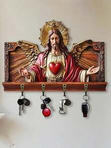 2026Key Holder Wall Wooden 2D Flat Jesus Hanger With 4 Hooks Religious Hanging Decor Entryway Living Room Home - Nhiều màu - Xem 9