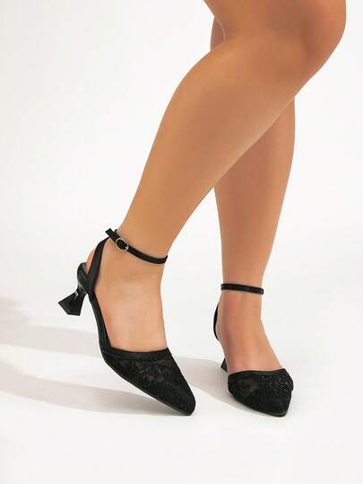 Women's Black Lace Pointed Toe Mid Heel Shoes With Ankle Strap, Kitten Heels, Party & Wedding Pumps
