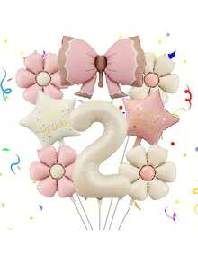 生日装饰套装，含闪亮领结和雏菊数字气球 | 可爱风格生日派对用品，多种颜色可选，铝箔材质，适用于生日派对、庆典、周年纪念、节日、背景装饰、户外派对氛围营造、拍照装饰、婴儿派对等。 - 彩色 - 查看 5