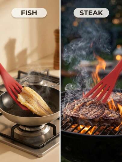 1. 硅胶多功能不粘煎炒铲，耐热易清洗。适用于煎鱼、牛排、沥油以及在不粘锅中翻炒。采用硅胶材质，质地柔软，不会刮伤锅具。是家庭日常烹饪和制作西式牛排的理想之选。厨房必备好帮手。