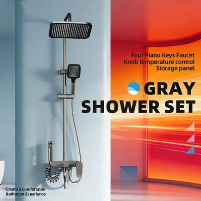 Sistema de ducha montado en la pared actualizado con altura ajustable, cabezal de ducha de lluvia, pistola de mano, grifo y boquilla PVD - Control de botón, gris