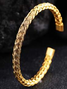 3pcs Set Unique European & American Style Braided Wire Bracelet With Personalized Roman Numeral Stainless Steel Bracelet, Unisex - Gold - View 5