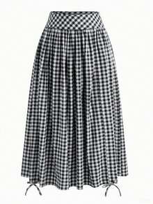Plus Size Women's French Plaid Casual Pocket Ruffle Drawstring Versatile Skirt For Dates, Beach Spring Black - Black - View 3