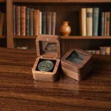 黑胡桃木磁性纪念币盒，亚克力透明窗，银币、古币、徽章收藏展示礼盒 - 酒紅色 - 查看 2