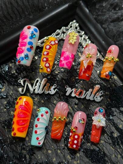 10pcs Handmade Fully Covered Square Nails Acrylic Kit, Orange Nails, French Nails In Yellow And Pink Colors, Gradient Blending Of Pink And Orange, Hand Drawn Geometric Patterns Such As Blue And Red Polka Dots, Water Droplets, And Ripples, 3D Gold Flowers, Resin Flowers, Multiple Gold Beads, Red And Blue Rhinestones, And Other Nail Accessories.