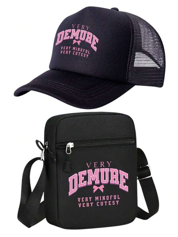 1pc/2pcs Creative Pink "Very Demure" Slogan Design Print Mesh Sponge Cap And Bag, Adjustable, Personalized Streetwear Fashion, Suitable For Work Commute, Campus, Outdoor Sports, Travel, Casual Matching, Gift For Yourself Or Friends
