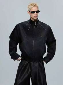 Design Sense: Niche Python Texture Shoulder Pad PU Leather Jacket With Men's Gemstone Embellishment Stand Up Collar Short Spring Jacket - 黑色 - 查看 3