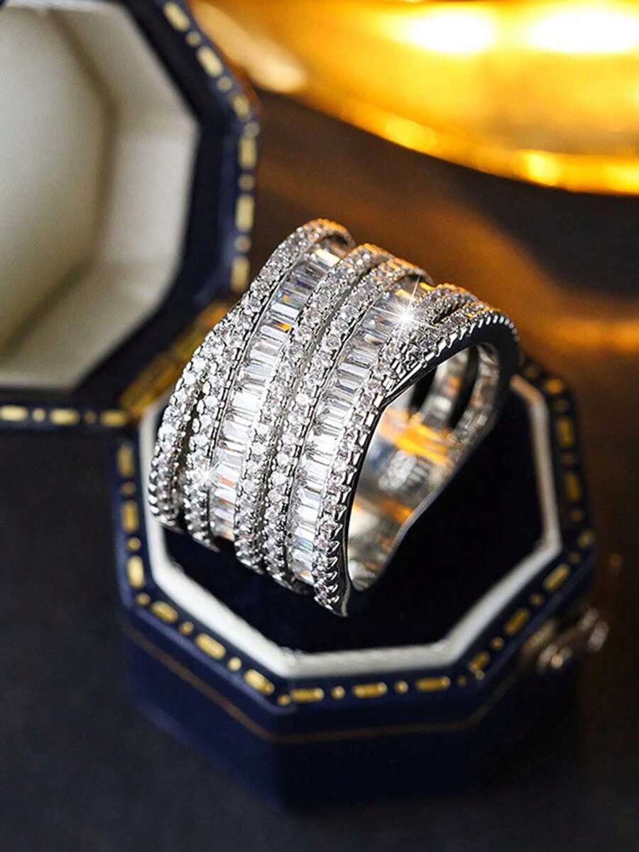 优雅圆形交叉合成立方氧化锆几何戒指，女士派对、订婚珠宝 - 白色 - 查看 1