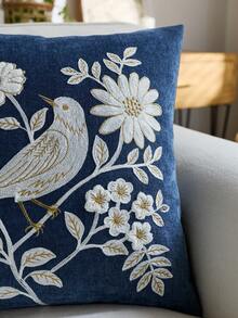 1pc Blue Floral Embroidered Throw Pillow Cover, Suitable For Indoor Decor, Spring Flower Decorative Cushion Cover, Applicable For All Seasons, Pillow Insert Not Included - Blue - View 5