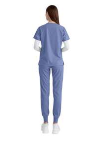 Women's V-Neck Scrub Set, Stretchy Nurse Uniform With Jogger Pants & Multi-Pockets, Short Sleeve, Breathable & Lightweight For Hospital, Spa, Beauty Salon - Dusty Blue - View 6