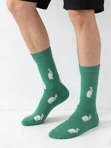 1双男士绿色底白色兔子图案中筒袜，四季皆宜。 - 彩色 - 查看 5