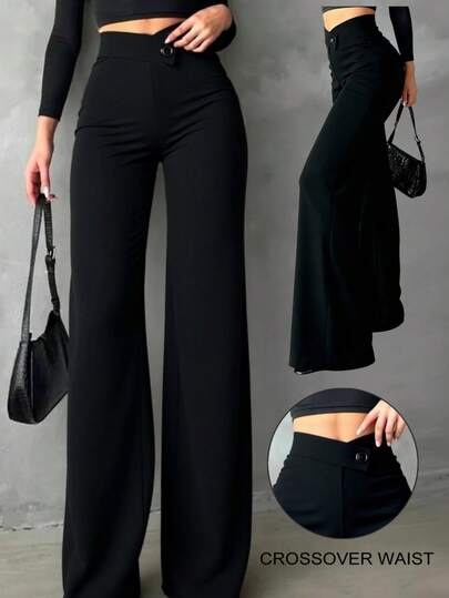 Pantaloni casual eleganti a vita alta e gamba dritta di colore unito, adatti per uscite quotidiane, pendolarismo per l'ufficio, casa, appuntamenti, piccole feste, occasioni sociali leggere in primavera