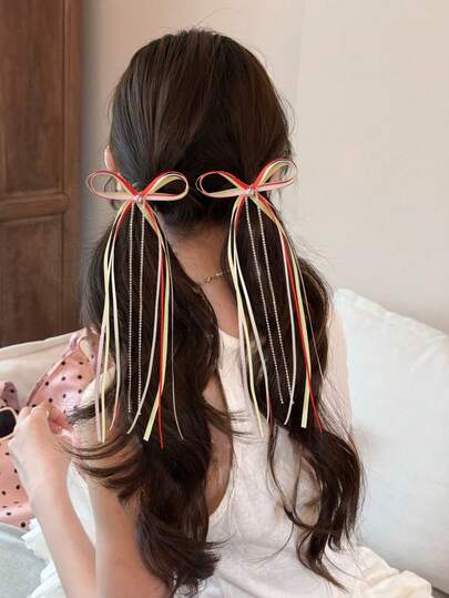 2pcs Women's Sweet Delicate Ballet Style Multi-Color Ribbon Bow Streamers Duck Clip