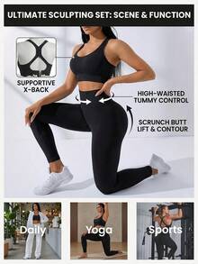 Bộ đồ thể thao nữ 2 món gồm quần legging cạp cao không đường may và áo bra nâng ngực. - màu đen - Xem 4