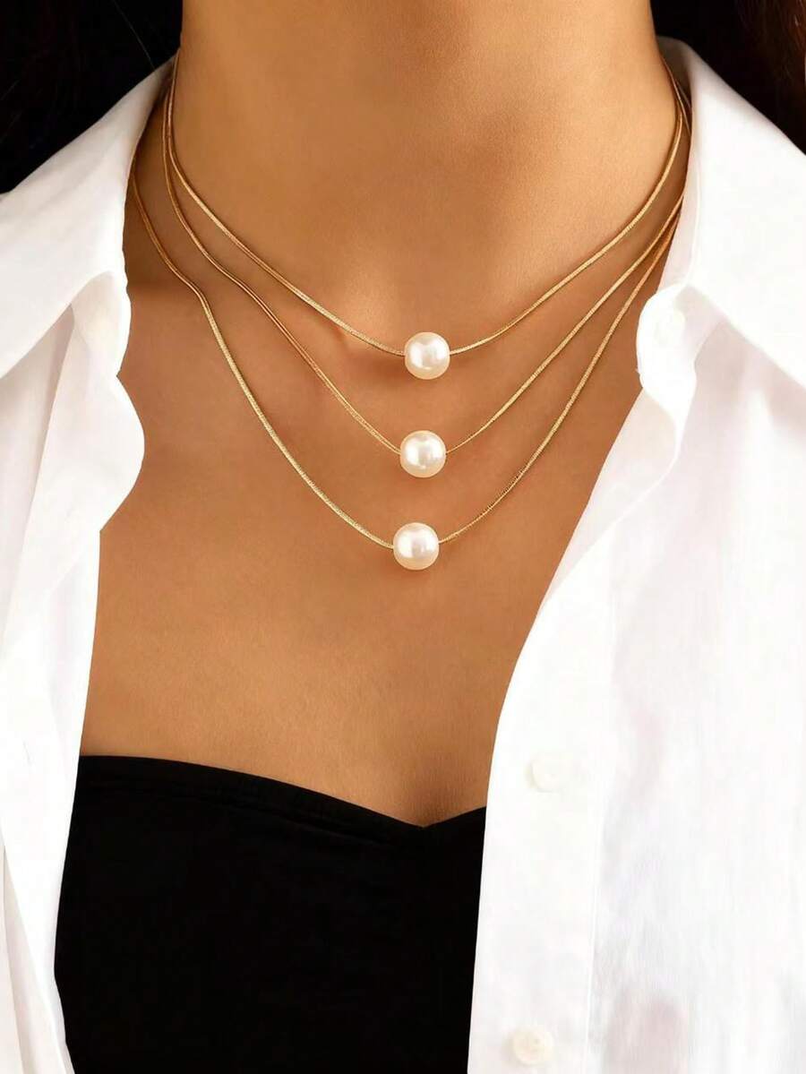2pcs Fashionable Versatile Elegant 3-Layer Faux Pearl Pendant Necklace, Geometric Thin Chain Necklace Suitable For Women's Daily Wear, Gift - Yellow Gold - View 1