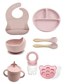 8pcs Baby Silicone Tableware Set, Feeding Utensils, Bib, Plate, Bowl, Straw Cup, Fork & Spoon, Teether, Ice Tray - Multicolor - View 12