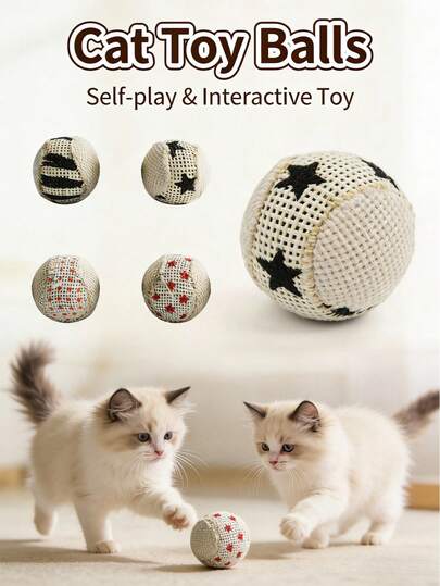 4 قطع ألعاب قطط من الألياف الخشنة، كرات ألعاب قطط من القماش، ألعاب تفاعلية، مصنوعة من مادة الألياف الخشنة الطبيعية، مناسبة للقطط البالغة والصغيرة