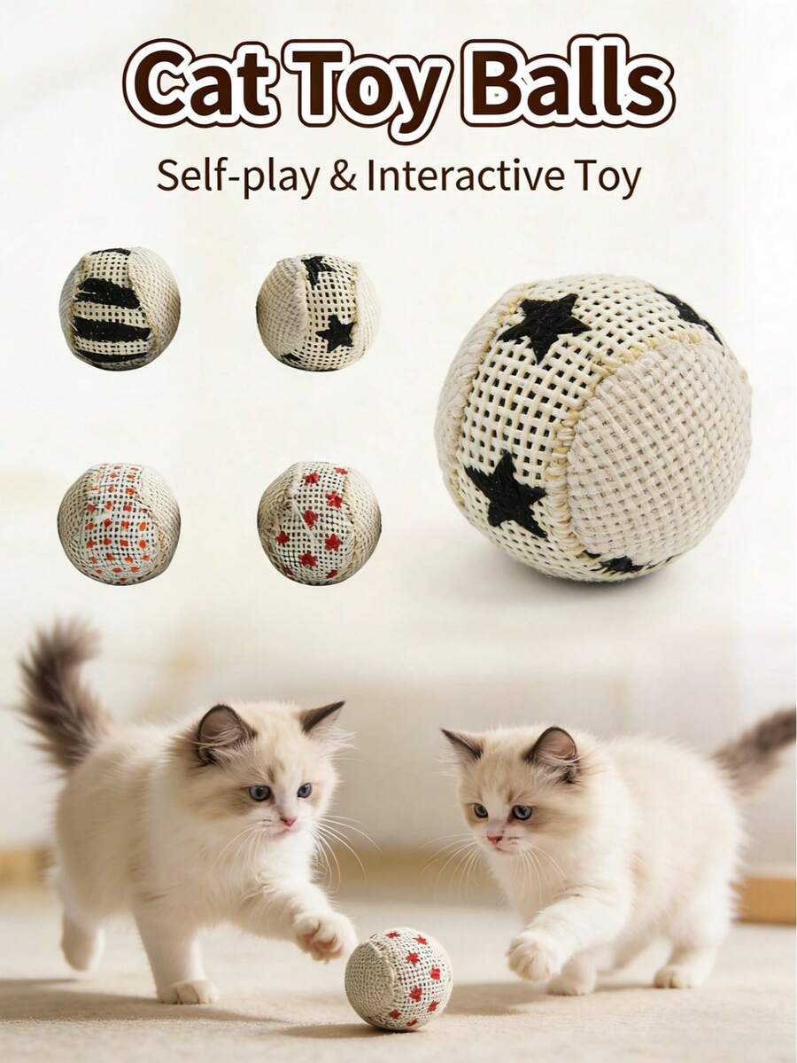 4个剑麻猫咪追逐玩具，帆布猫玩具球，互动玩具，采用天然剑麻材料制成，适合成猫和幼猫。 - 彩色 - 查看 1