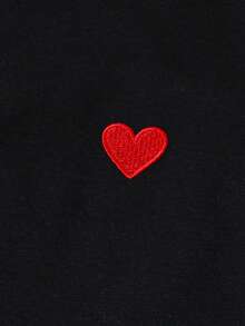 Set de 2 piezas con camiseta de manga corta y cuello redondo con bordado de corazón para niñas jóvenes y pantalones de pierna ancha con estampado de corazones a rayas y cintura elástica, adecuado para el Día de San Valentín, días festivos y uso casual - Negro - Ver 5