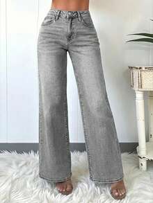 Quần jeans ống rộng nữ thanh lịch và thoải mái, chất liệu denim, màu trơn đã qua xử lý, dài đến mắt cá chân, độ co giãn vừa phải. - Màu Xám nhạt - Xem 5