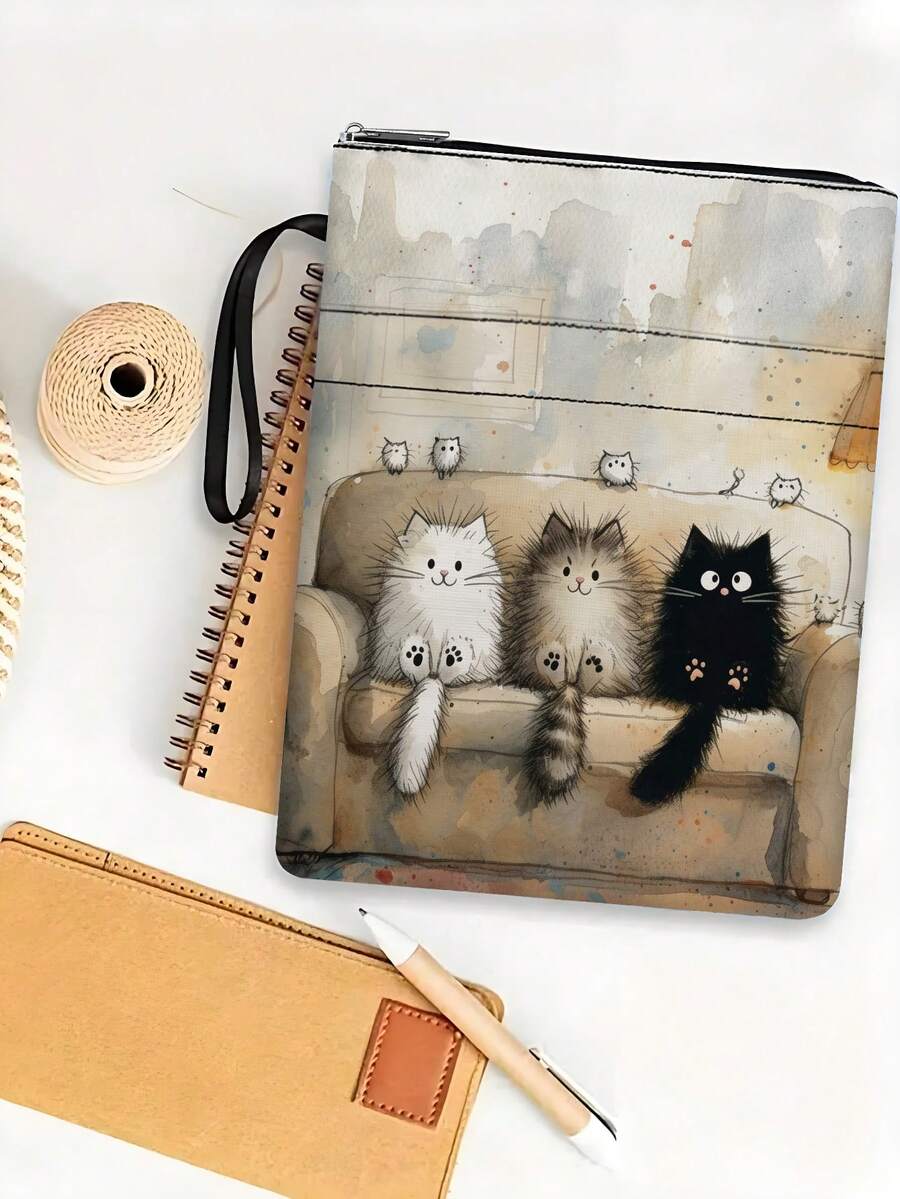 1pc Sofa Cat Theme Book Cover With Zipper, Padded Paperback Book Protector, Paperback Book Jacket, Book Cover, Book Sleeve, Printed Book Bag With Front Pocket, Multi-Functional Book Storage Bag, Suitable For School, Students, Teachers, Book Lovers - Single Piece - View 1