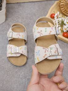 1 Pair Cute Kids Beige Sandals, Colorful Graffiti Print, Hook And Loop Strap, Lightweight Flat Casual Summer Sandals - Apricot - View 4