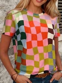 2026 Holiday Outfit Women's Random Color Plaid Digital Print T-Shirt, Loose Fit Plaid Hem Digital Print Casual Plaid Print Pattern Design Casual, Daily, Holiday Travel Wear, Round Neck Short Sleeve T-Shirt, Summer Top - Flower - View 6