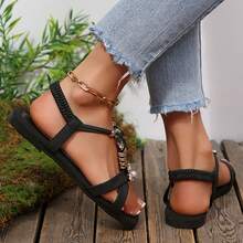 Ankle Strap Elastic Flats For Women Peal Slingback Rhinestone Dressy Sandals Comfort Summer Shoes Casual Beach Walking Slides Slippers - 黑色 - 查看 9