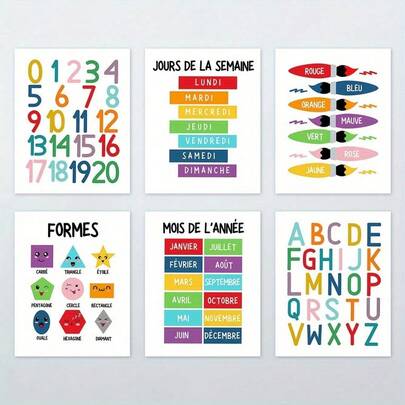 2D Flat 6pcs Educational Wall Art Set - French Alphabet And Number Posters, 20.32x25.4 Cm Frameless Classroom Decor, Suitable For Homeschooling, Perfect Room Decoration