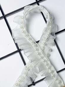 1pc Chiffon Pleated Handmade Beaded Lace Trim, Sleeve Hem Dress Collar DIY Pearl Lace Accessory - White Size 2 - View 3